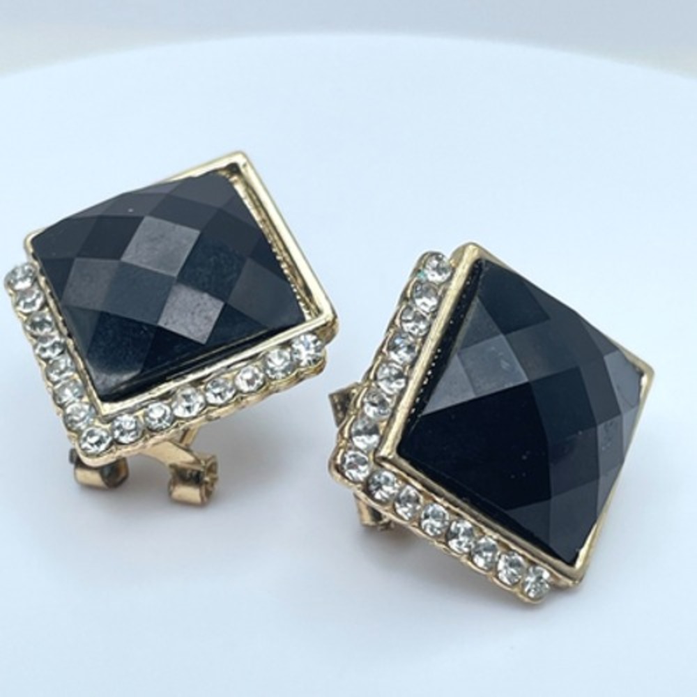 Vintage 90s Black Onyx Glass Gold Tone Earrings Rhine Stone Halo Square Studs